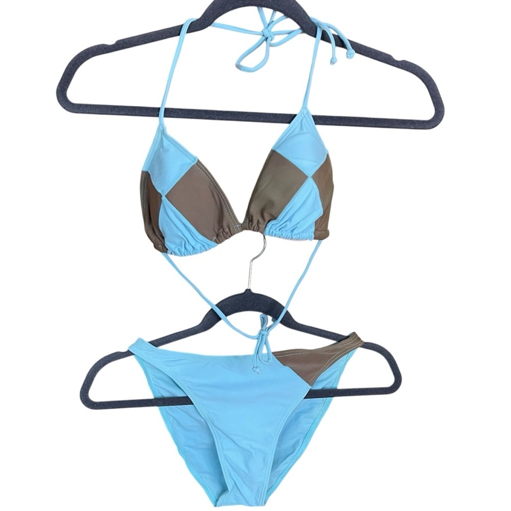 Colorblock Triangle Bikini Aqua Blue Light Brown
